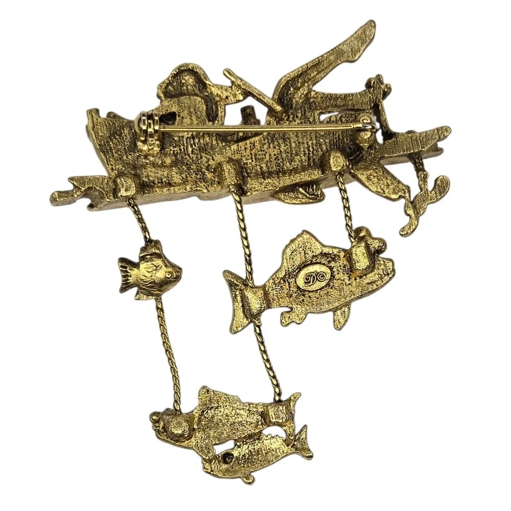 Danecraft Brooch Gold Tone Gold Vintage Fishing Rowboat Dangle Novelty Pin